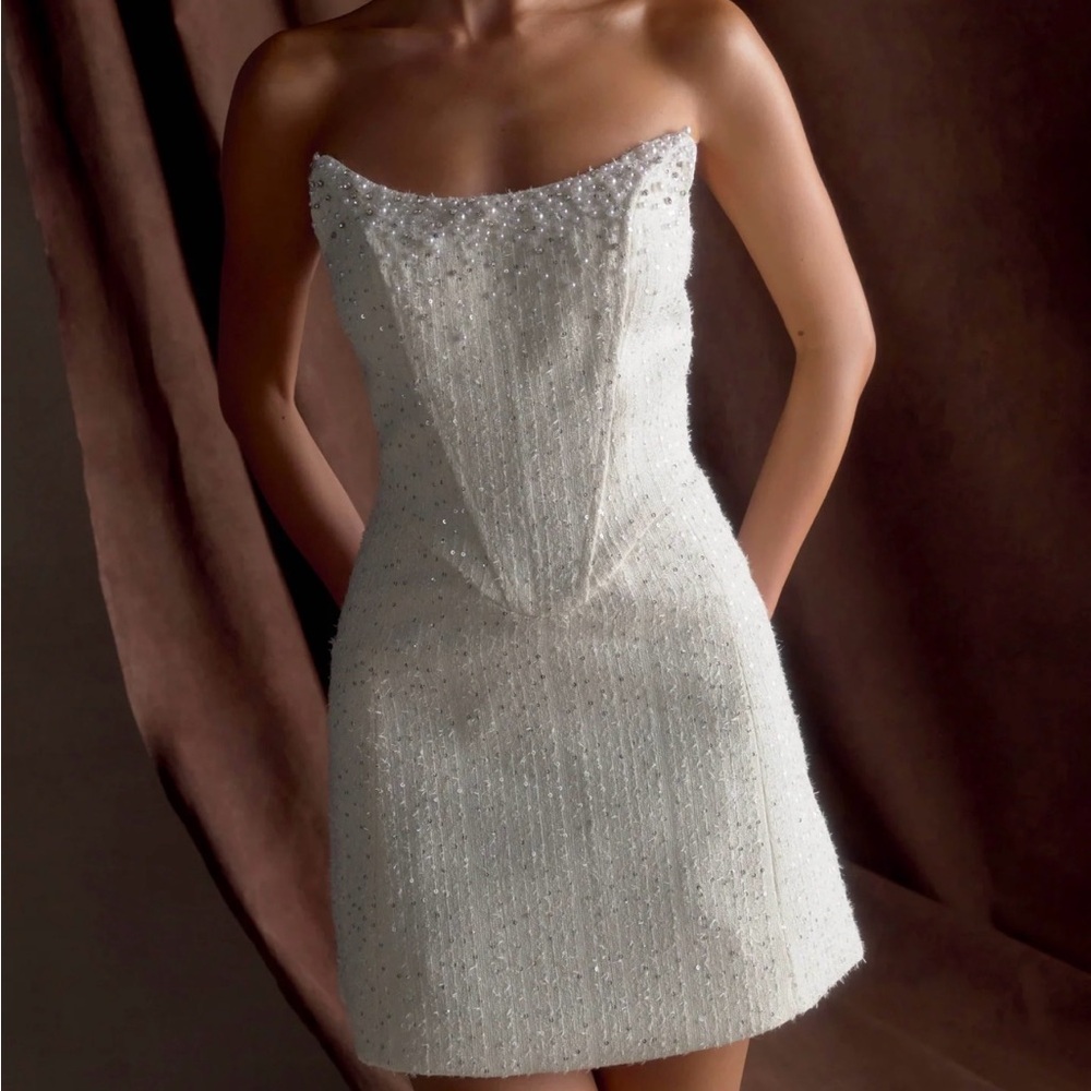 Meshki Strapless Beaded Mini Dress in Ivory White